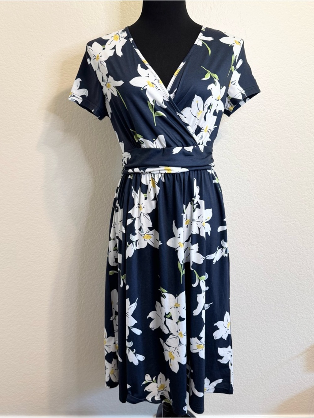 Navy Floral V Neck Wrap-Style Women’s Dress - M